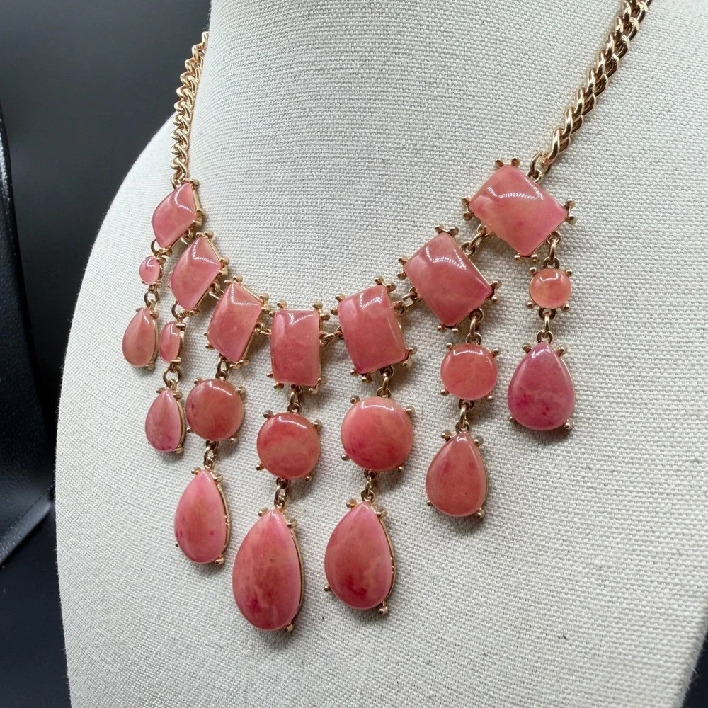 Pink Cabochon Statement Necklace Gold Tone Teardrop Fringe Bib Boho Romantic